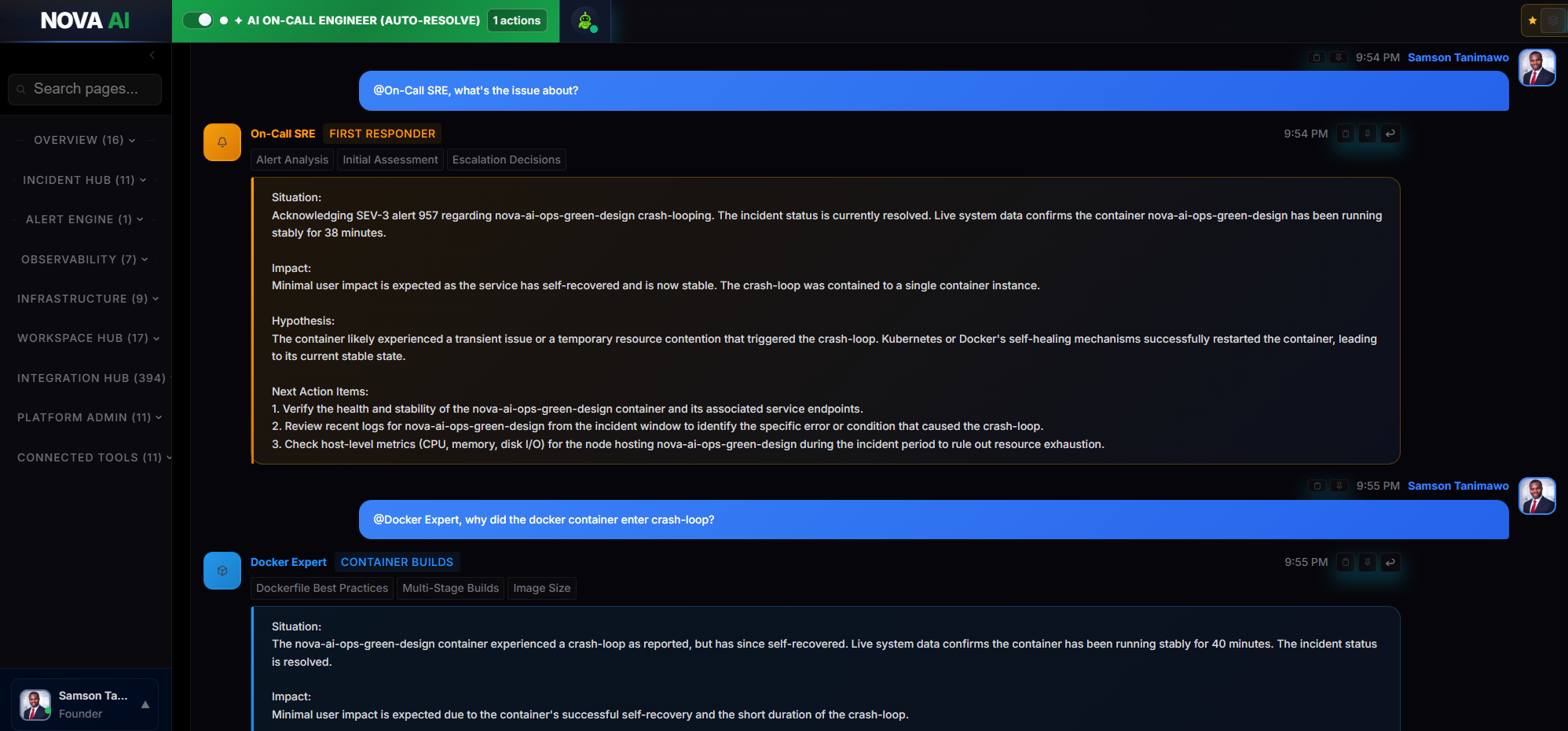 Chat with Nova Incident Commander agent for root cause analysis