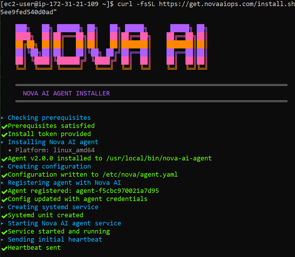 Nova AI Agent Installation terminal showing green checkmarks