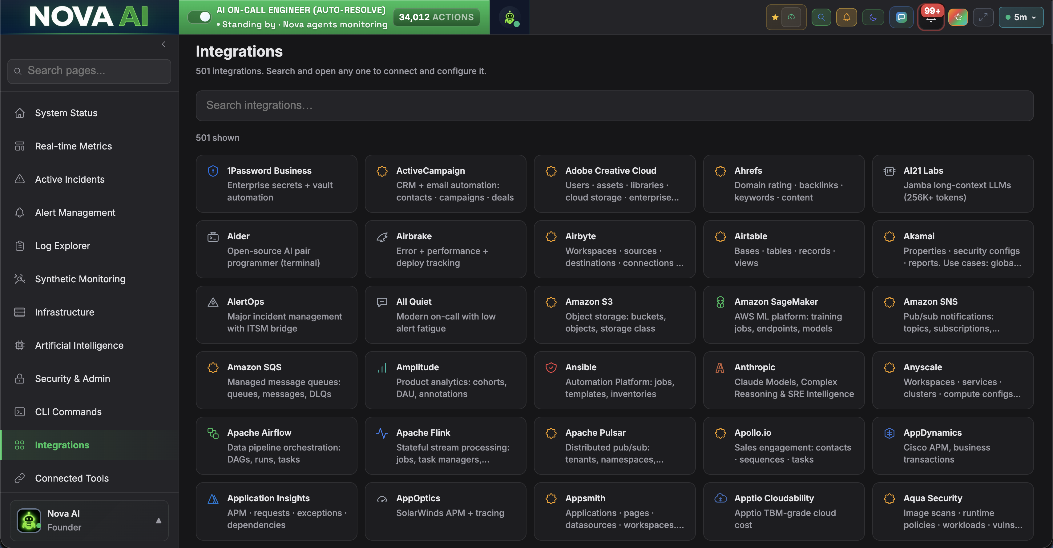 Nova Integrations library showing 501 connectable tools and services in a searchable grid, including 1Password, ActiveCampaign, Adobe Creative Cloud, Ahrefs, Airbyte, Airtable, Akamai, Amazon S3, Amazon SageMaker, Amazon SNS, Amplitude, Ansible, Anthropic, Apache Airflow, Apollo, AppDynamics, and Aqua Security