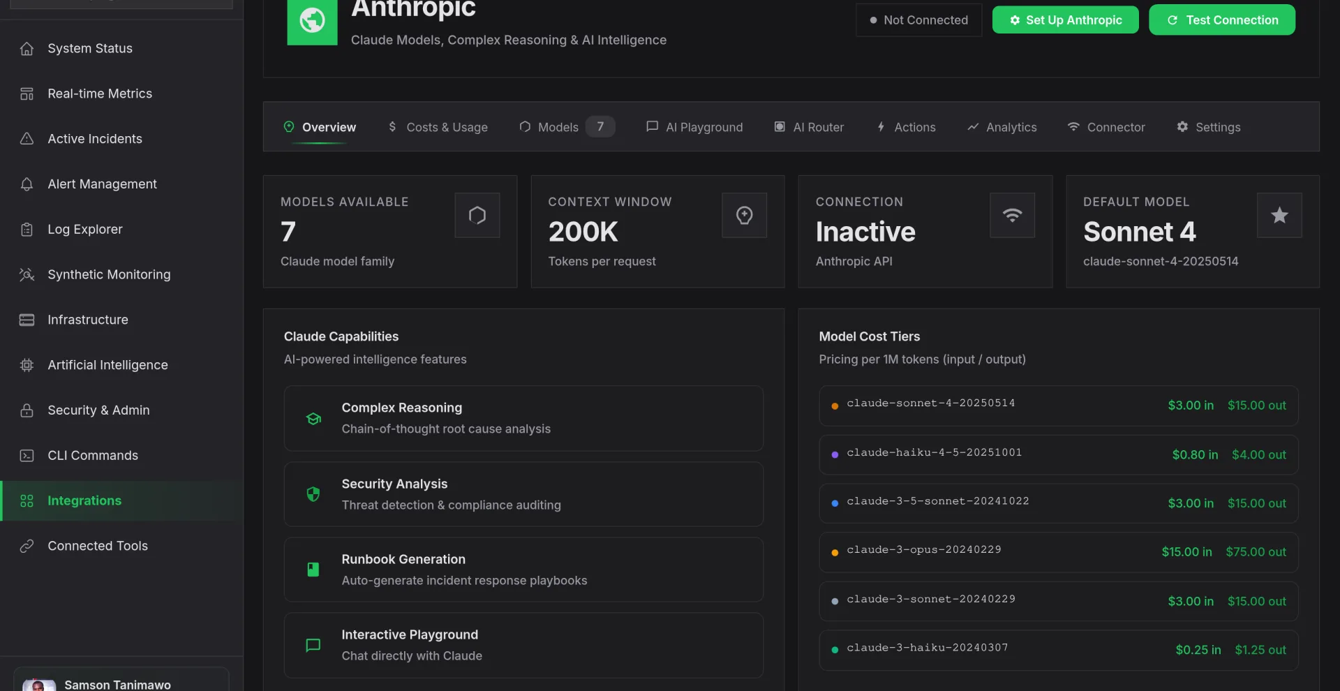 Nova AI Anthropic integration: available Claude models, context window, capabilities and per-model cost tiers