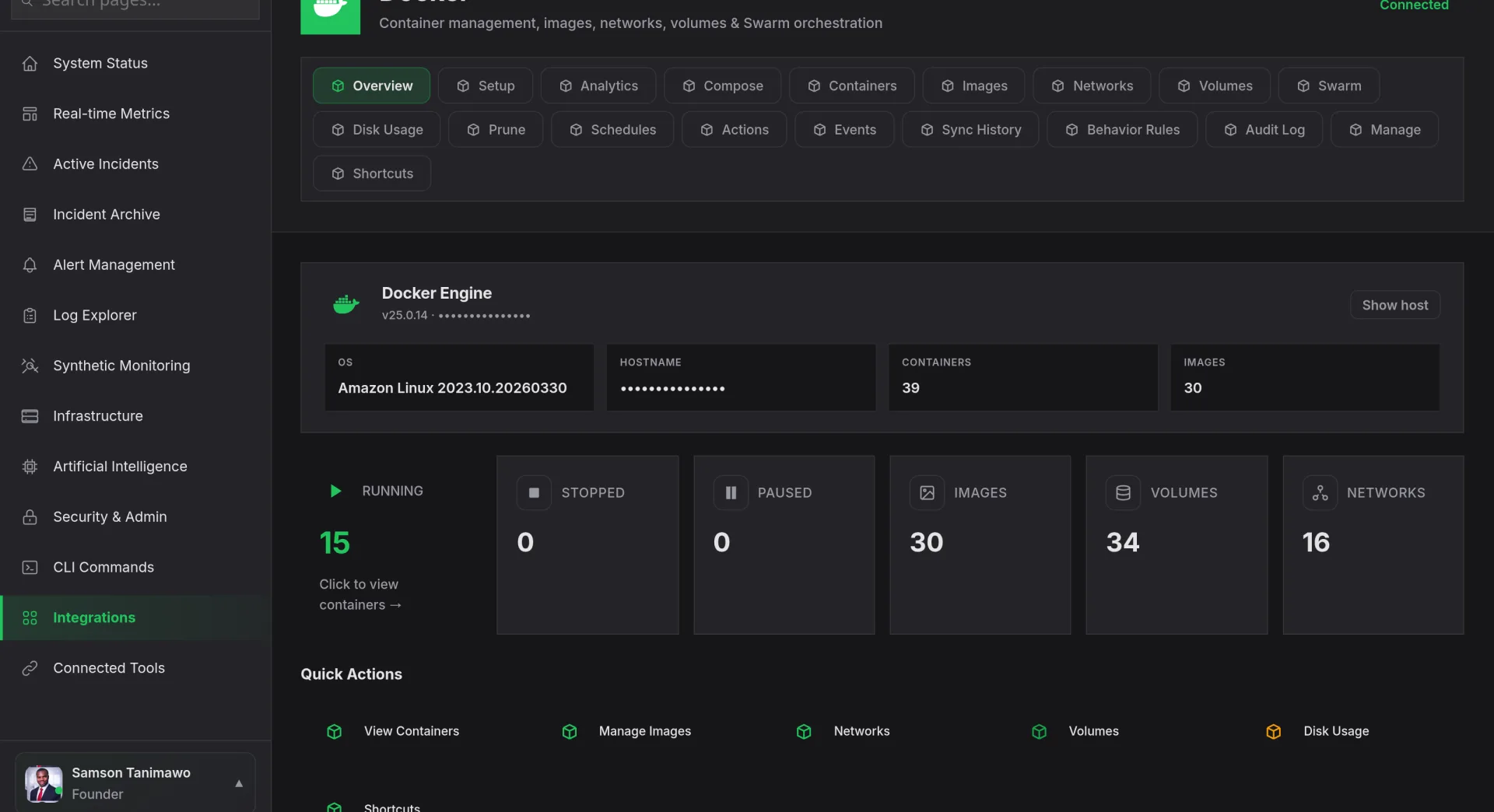 Nova AI Docker integration: engine status, running containers, images, volumes and networks