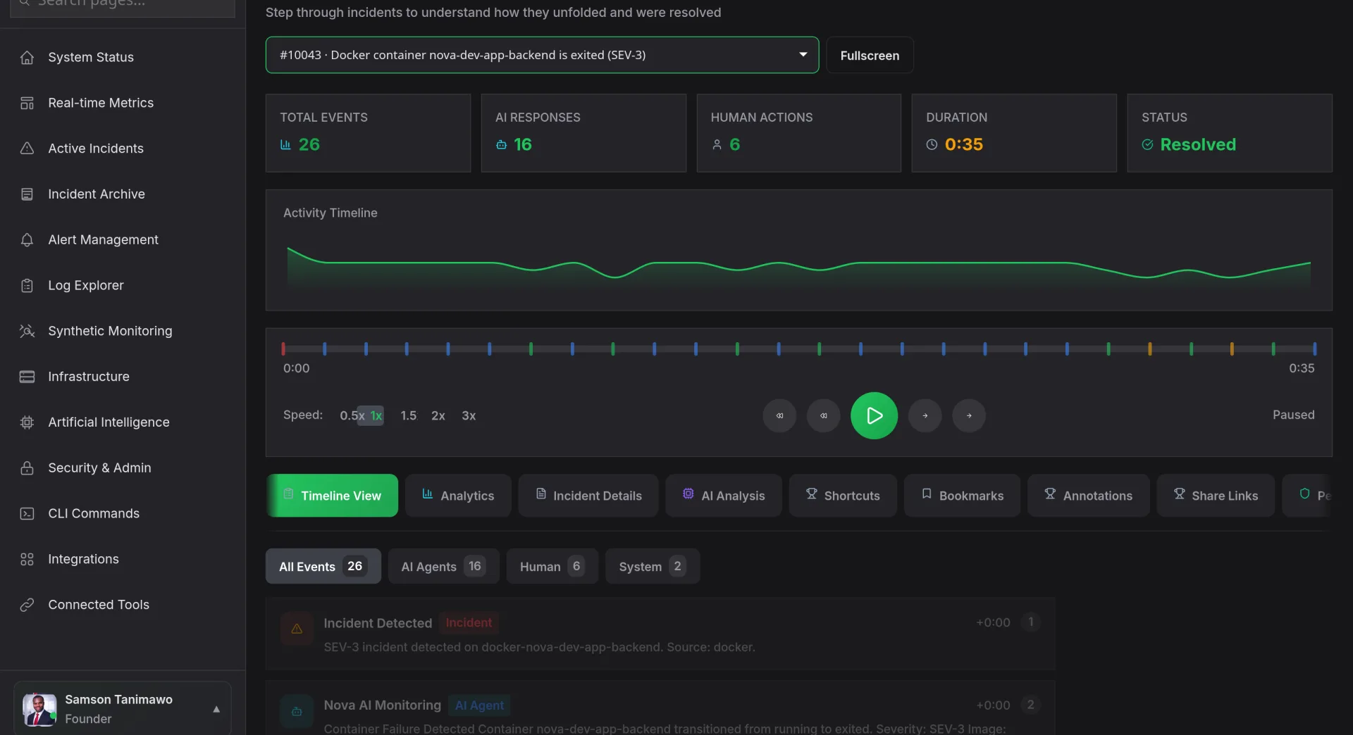 Nova AI incident replay stepping through an incident with AI responses and activity timeline