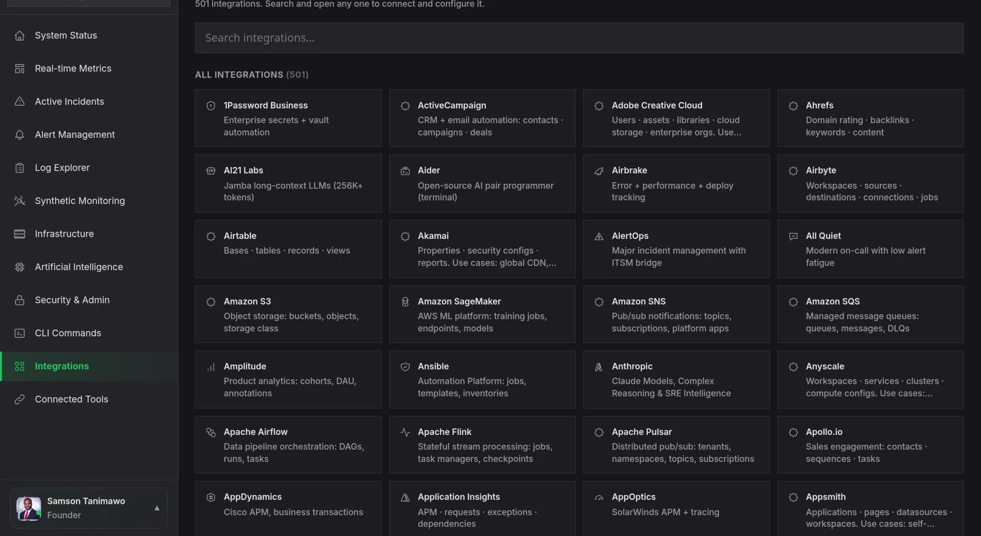 Nova AI integrations directory listing 501 available integrations across monitoring, cloud, data and collaboration tools