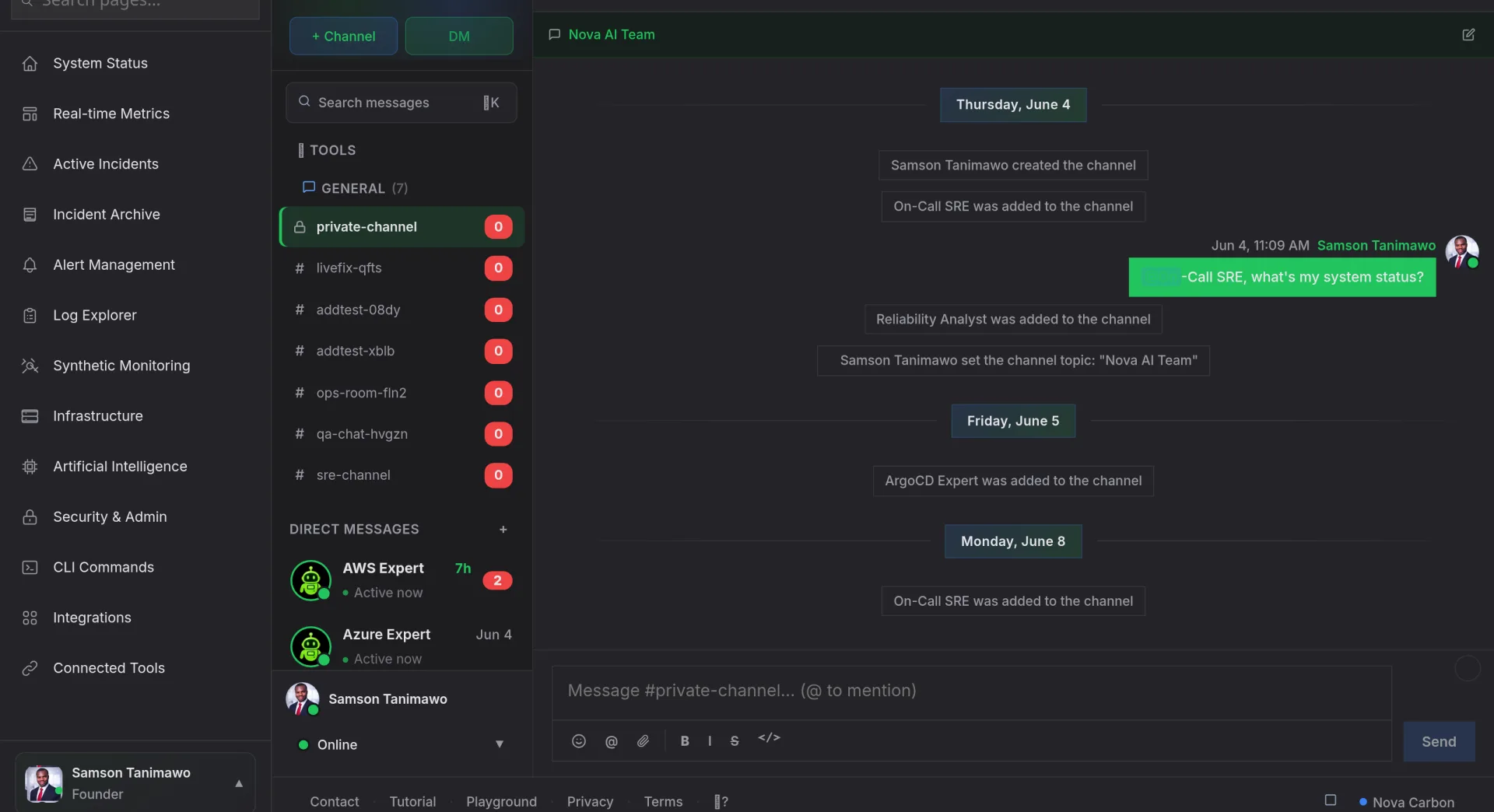 Nova Connect collaboration hub with channels, direct messages and threaded team conversations