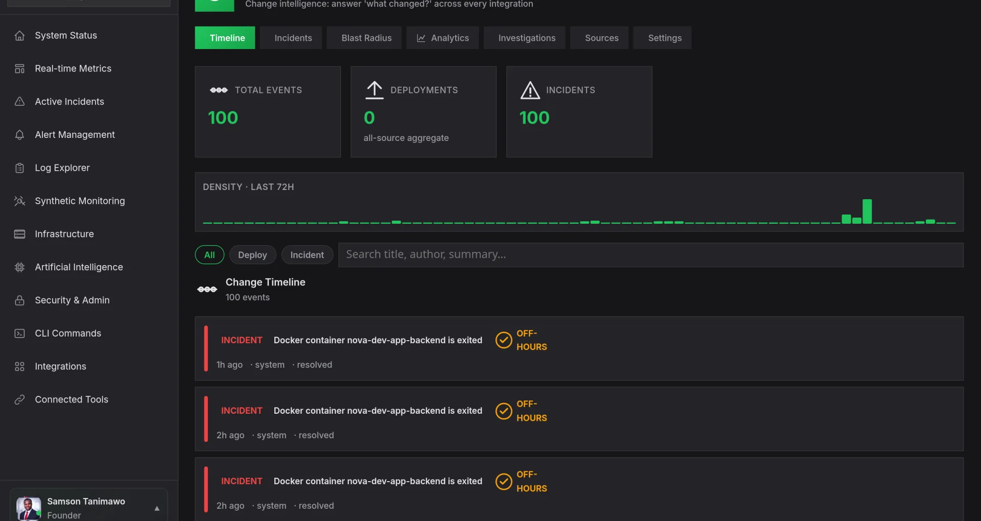 Nova Rewind change intelligence: total events, incidents and a change timeline across every integration