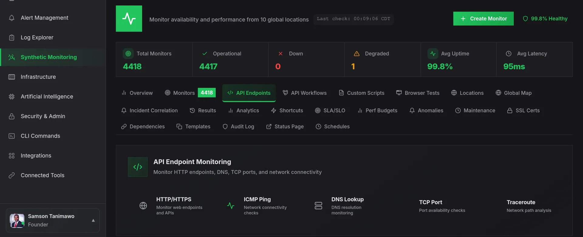 Nova AI synthetic monitoring API endpoints: 4,418 monitors across 10 global locations with HTTP, ICMP, DNS, TCP and traceroute checks