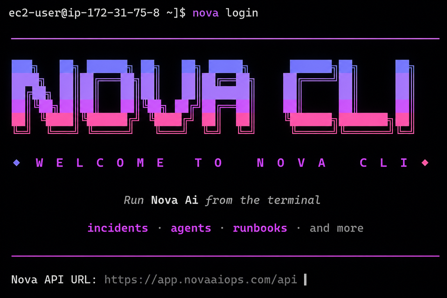 Nova AI CLI in a terminal showing nova auth login, nova clone, nova add, nova commit, and nova push commands